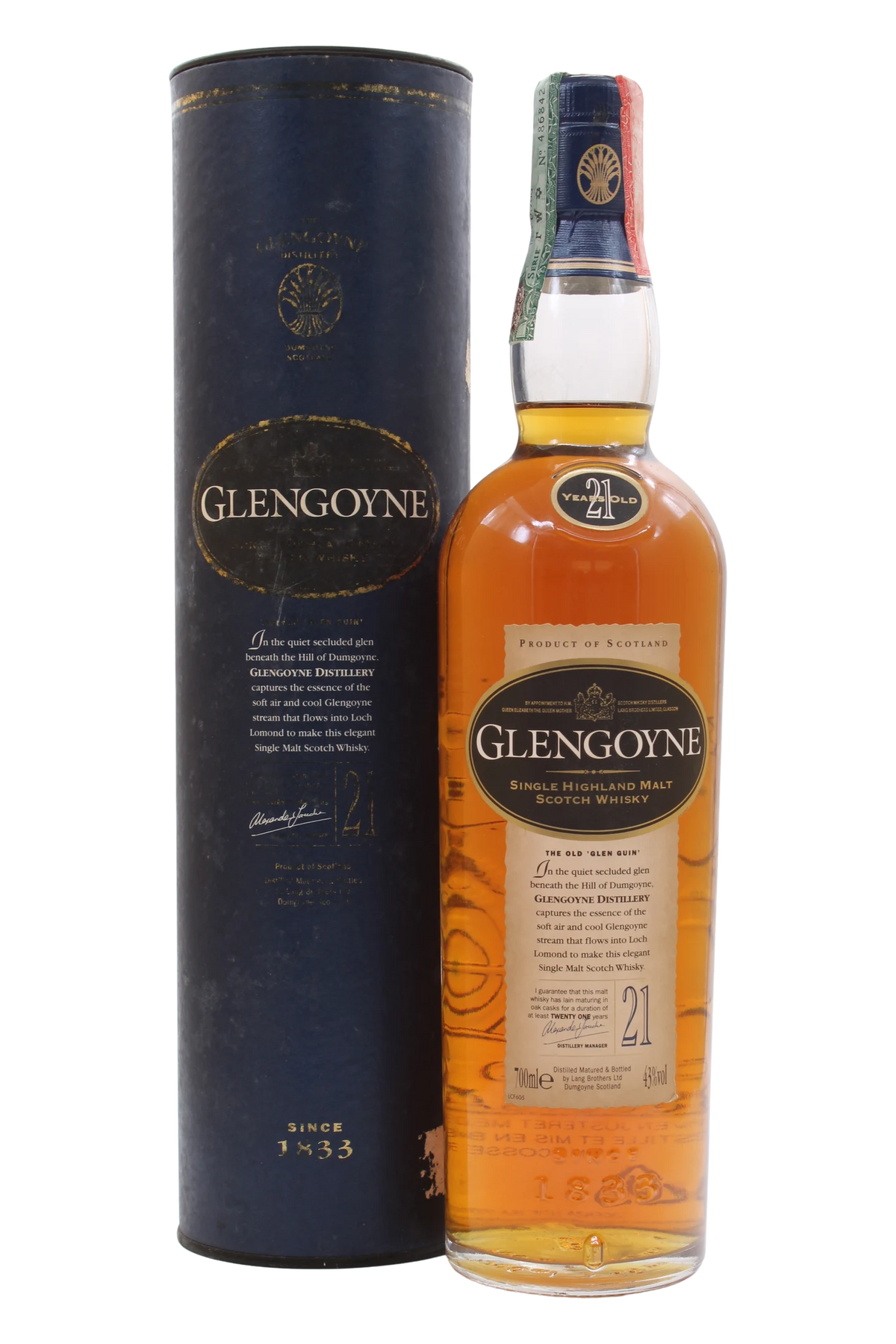 Bottiglia di Glengoyne 21 anni Lang Brothers con astuccio a tubo blu