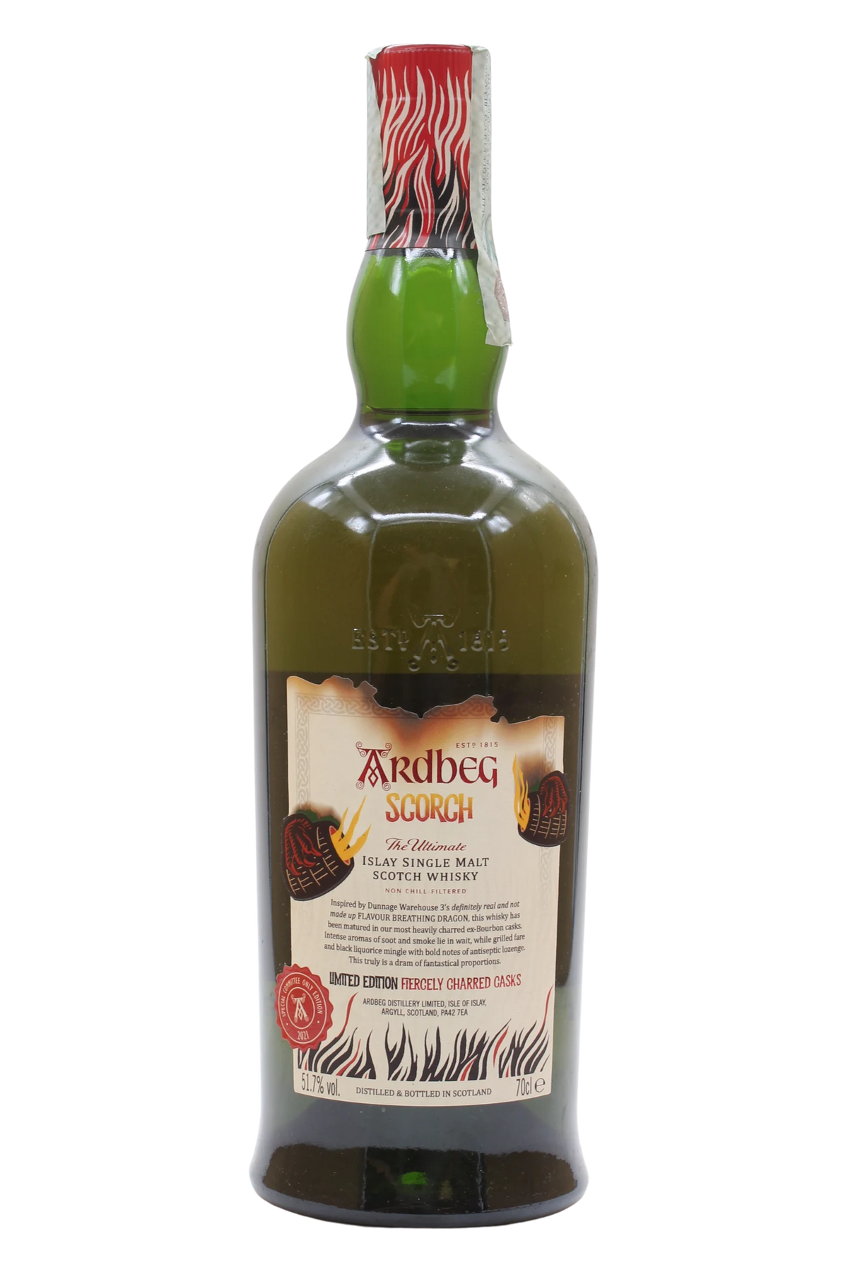Bottiglia di Ardbeg Scorch Committee Release con etichetta chiara e fiamme