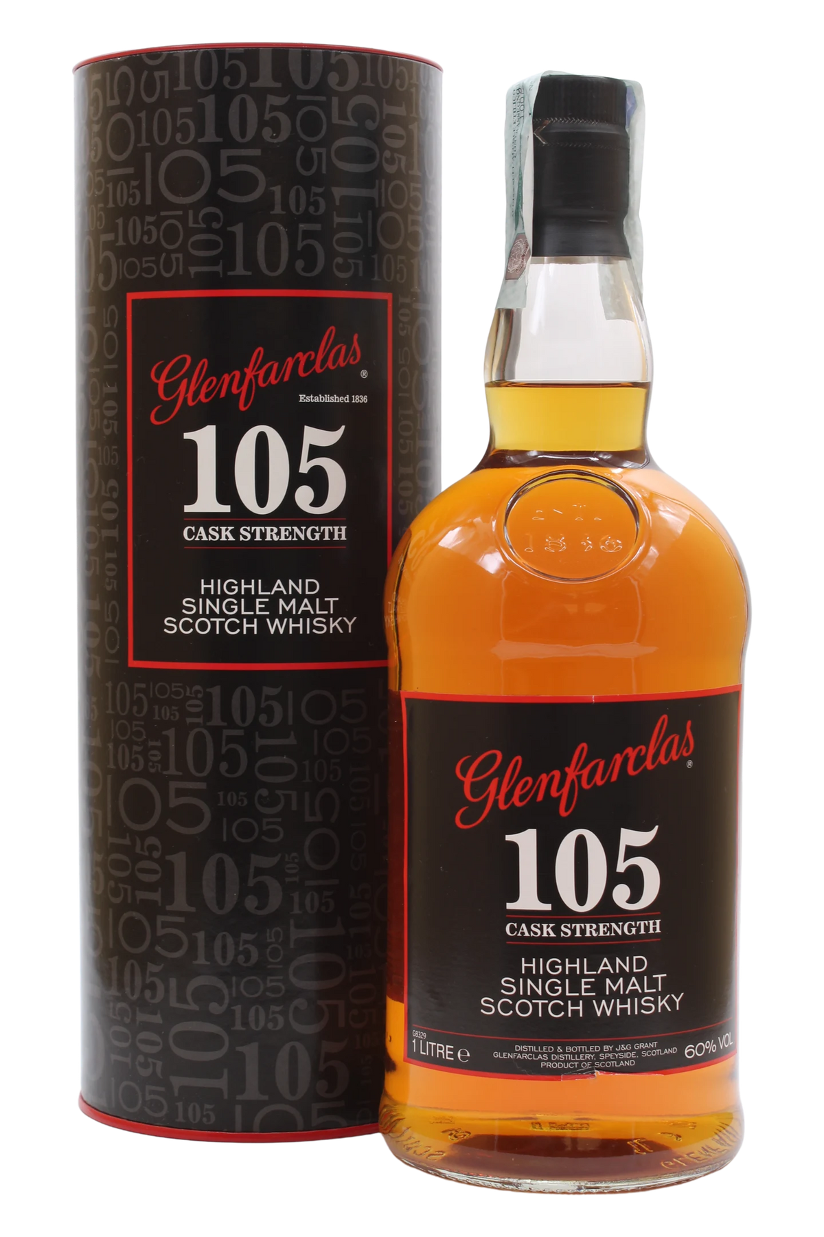 Bottiglia da un litro di Glenfarclas 105 con tubo nero