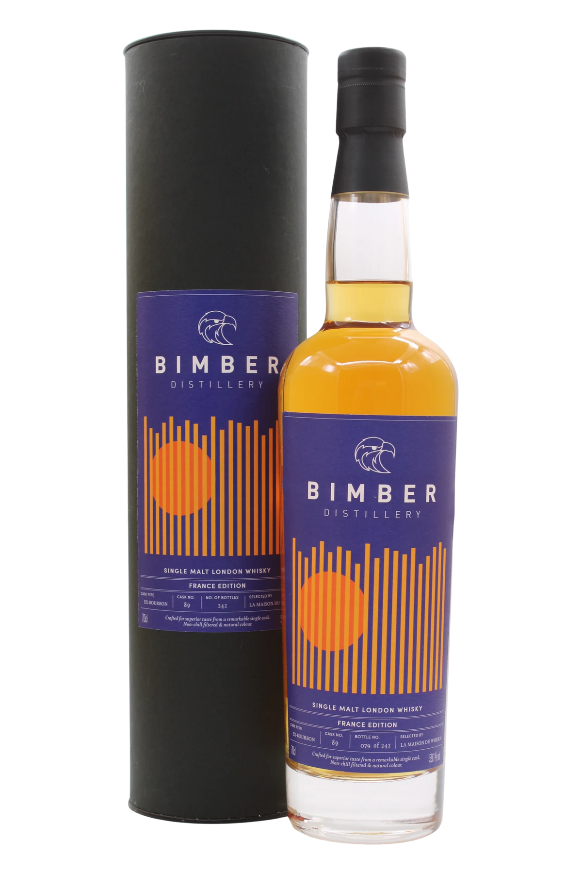 Bottiglia di Bimber ex-Bourbon Cask France Edition con etichetta blu e tubo