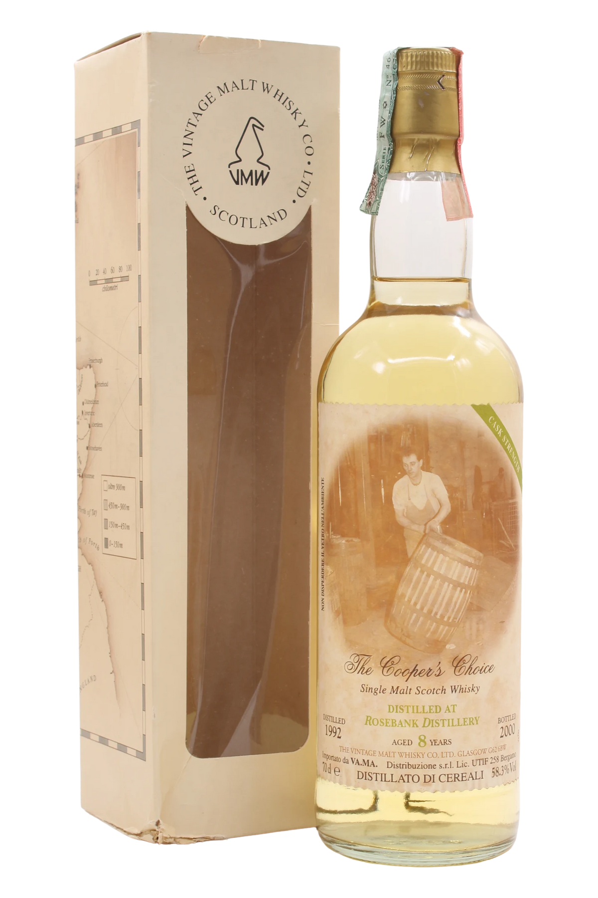 Bottiglia di Rosebank 1992 The Cooper's Choice 8 anni Cask Strength con astuccio