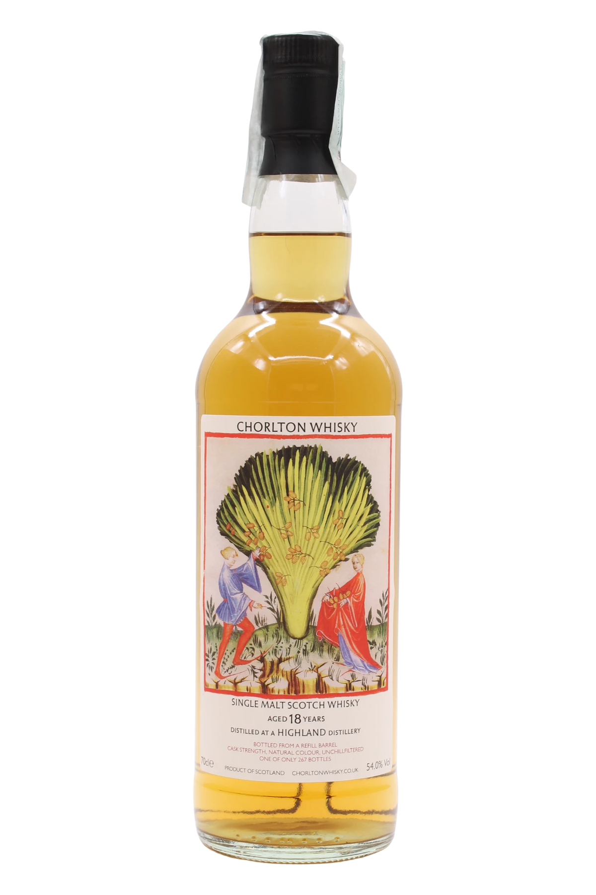 Bottiglia di Highland 18 anni Chorlton Whisky con etichetta illustrata
