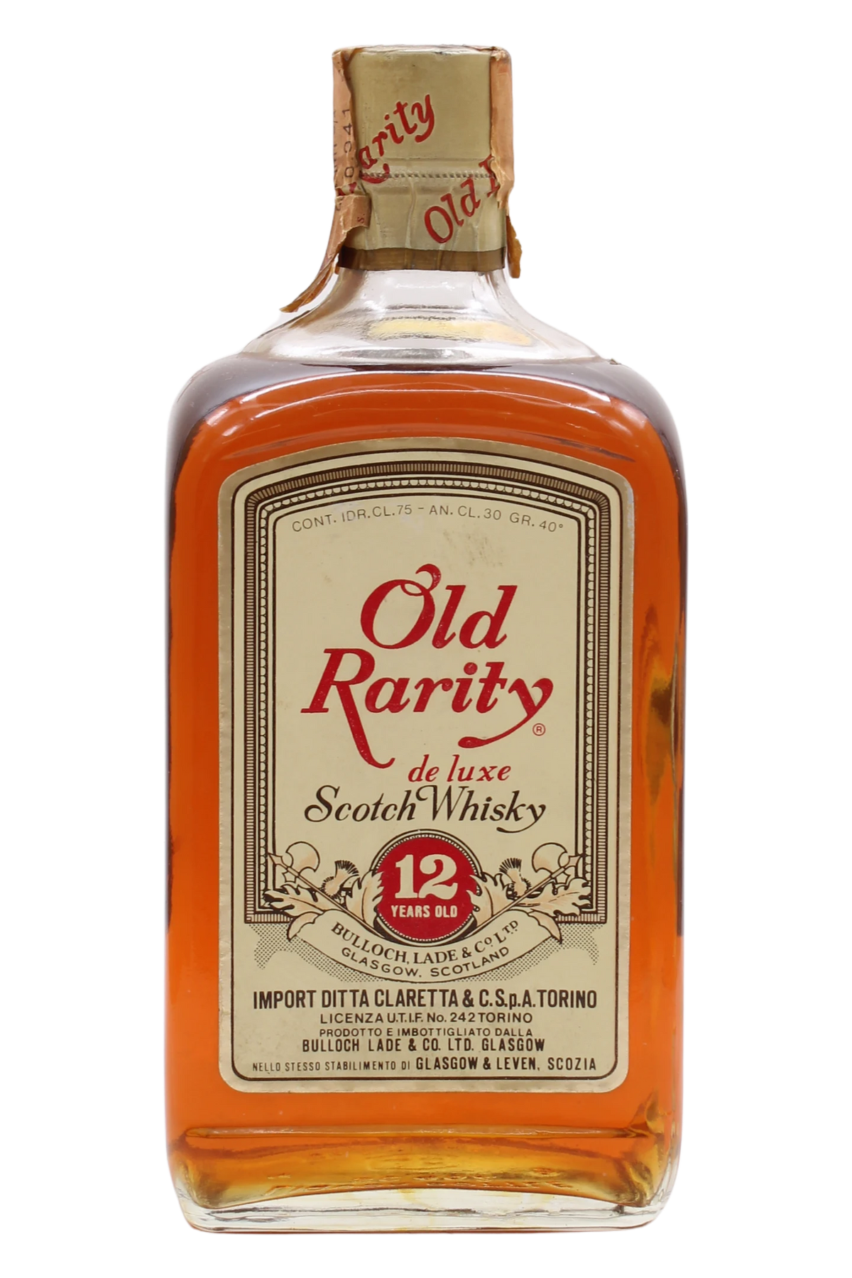 Bottiglia squadrata di Old Rarity 12 anni De Luxe Scotch Whisky di Bulloch Lade