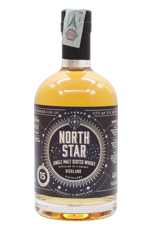 Bottle of North Star Spirits 15 Year Old from a secret Highland distillery, midnight blue label