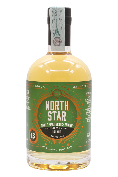 Bottle of North Star Spirits 13 Year Old from a secret island distillery, green label