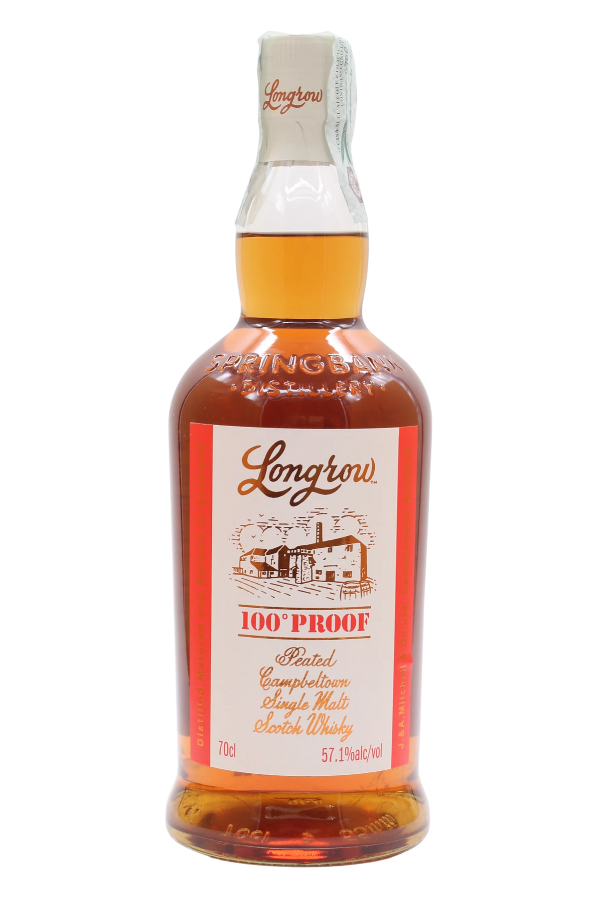 Bottiglia di Longrow 100° Proof Peated Campbeltown Single Malt con bande laterali rosse