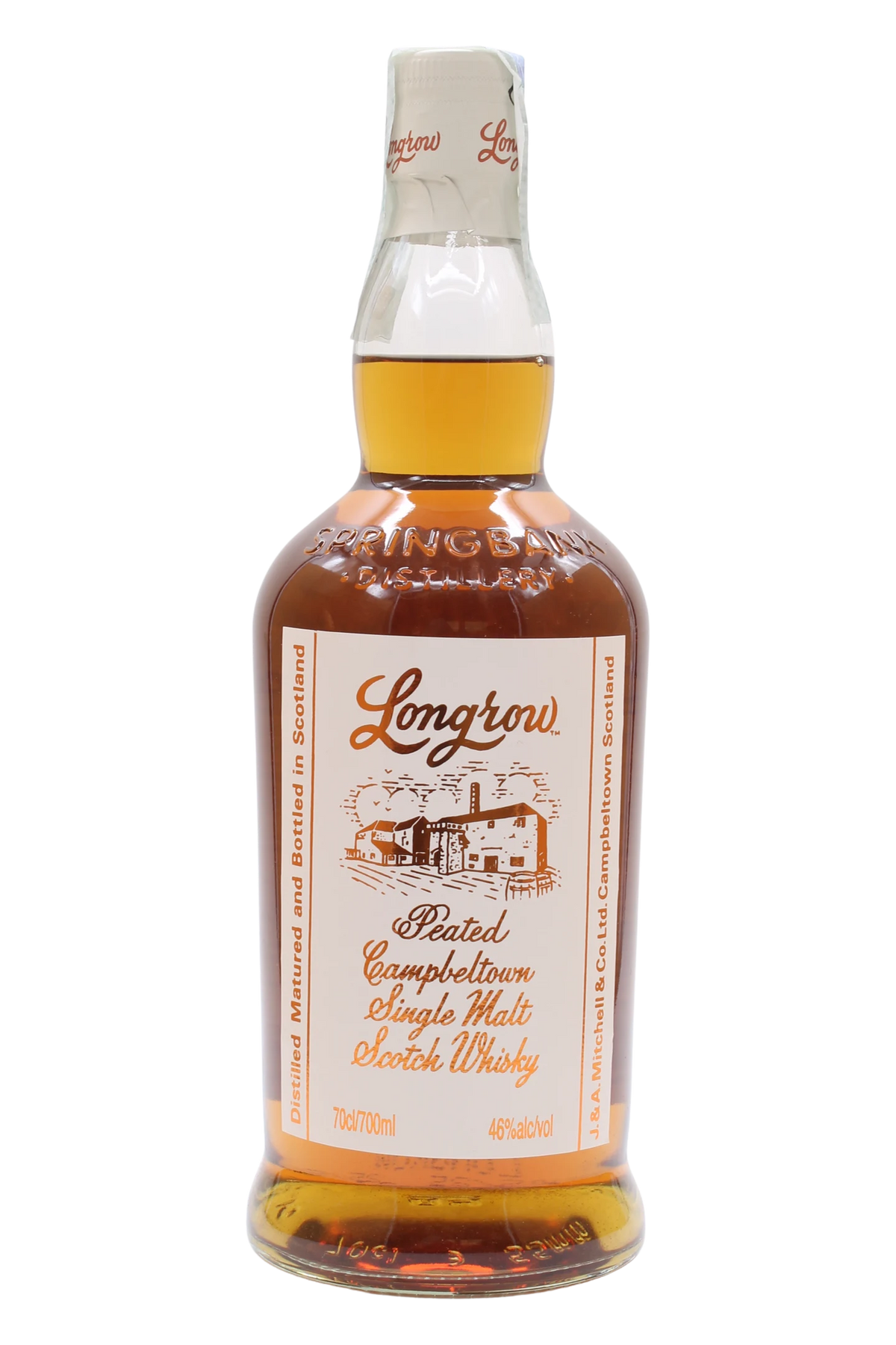Bottle of Longrow Peated Campbeltown Single Malt Scotch Whisky with white label