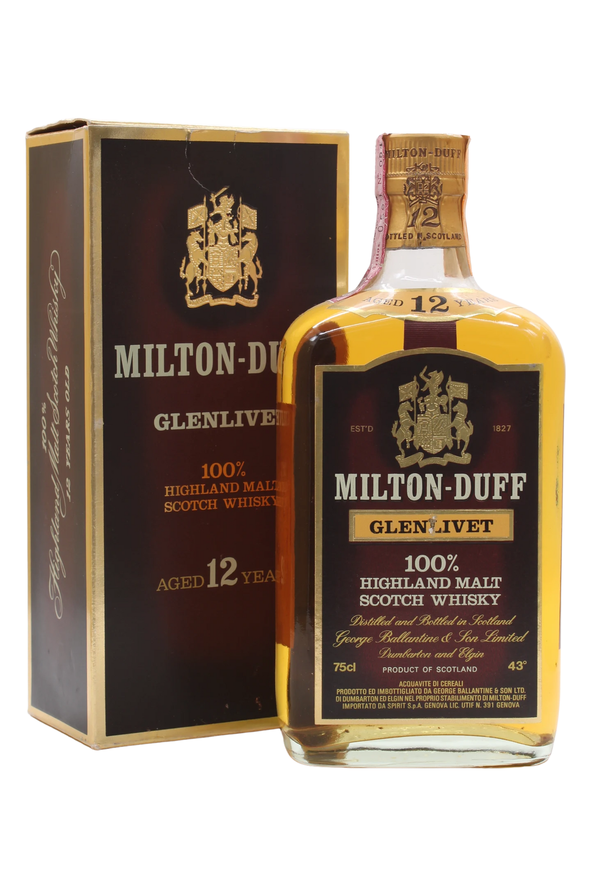 Bottiglia di Milton-Duff Glenlivet 12 anni Highland Malt con astuccio