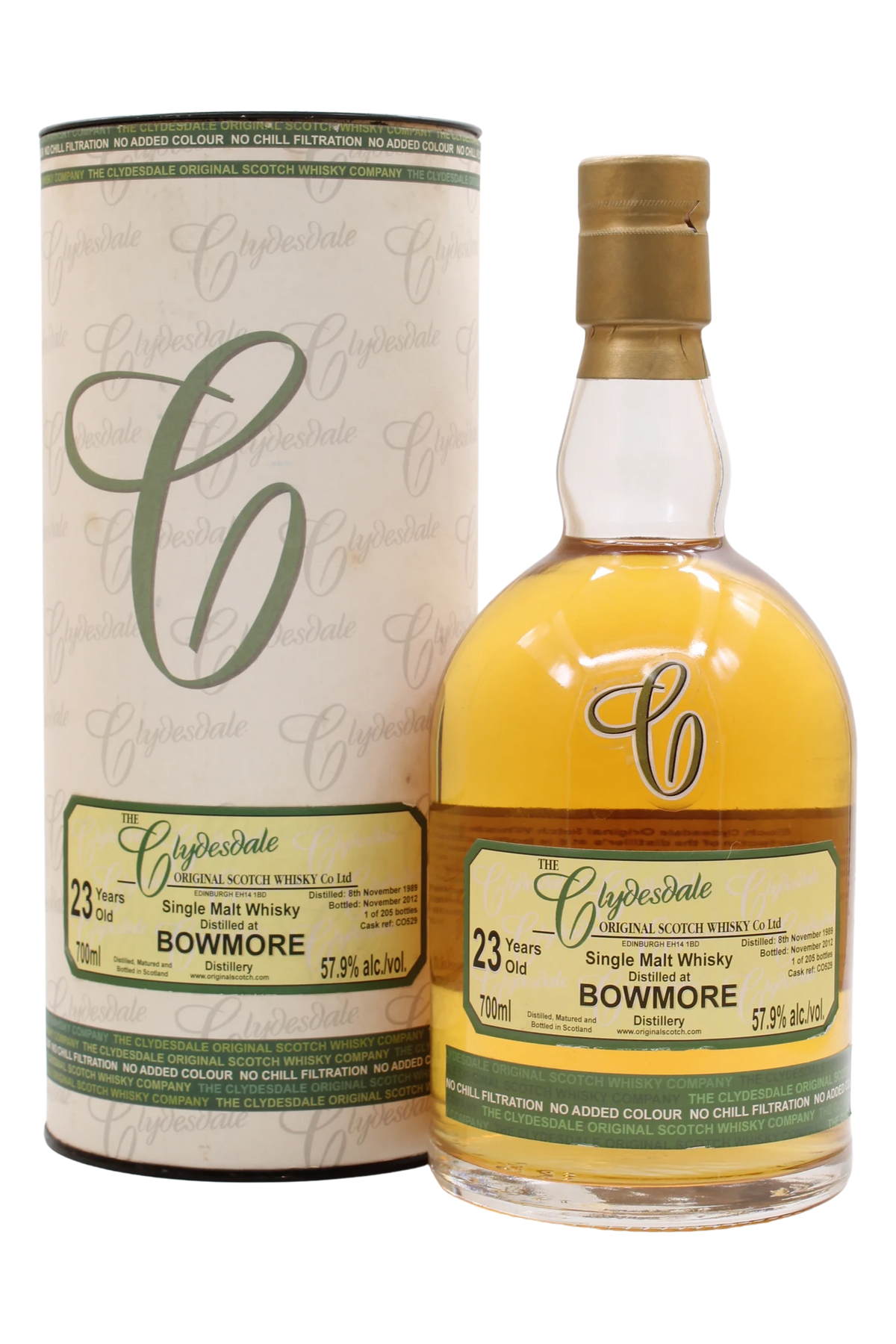 Bottiglia di Bowmore 1989 23 anni The Clydesdale Original con astuccio cilindrico