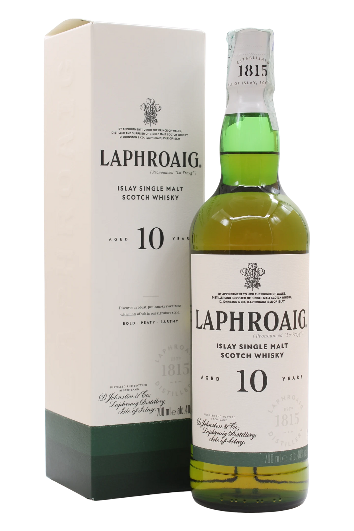 Bottiglia di Laphroaig 10 anni accanto al suo astuccio