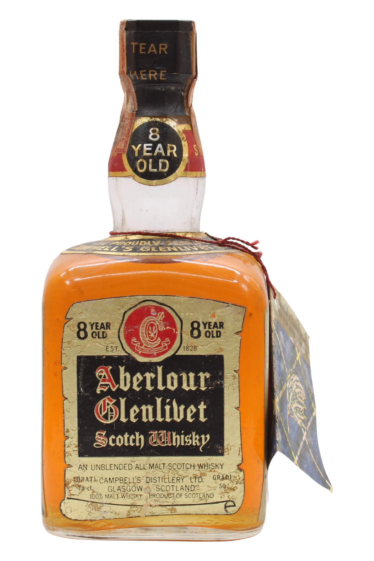 Bottiglia squadrata di Aberlour Glenlivet 8 anni di Campbell's Distillery con cartellino scozzese
