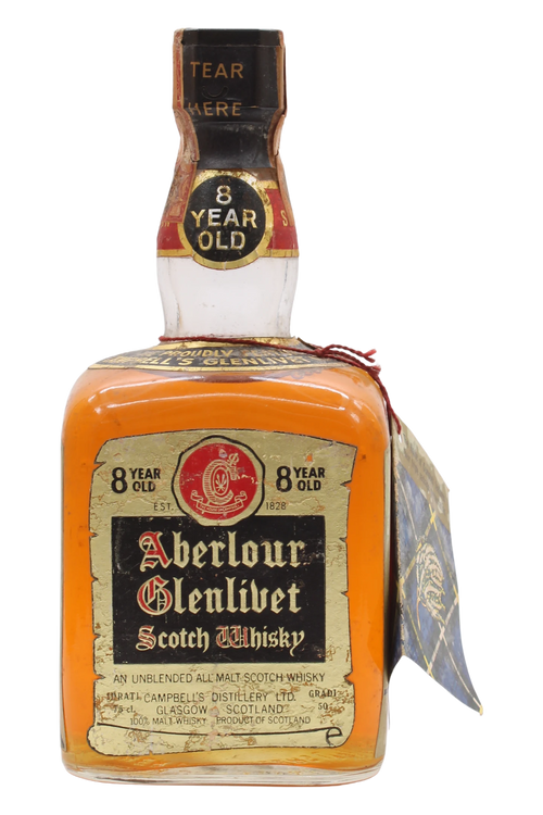 Square bottle of Aberlour Glenlivet 8 Year Old by Campbell's Distillery with tartan tag