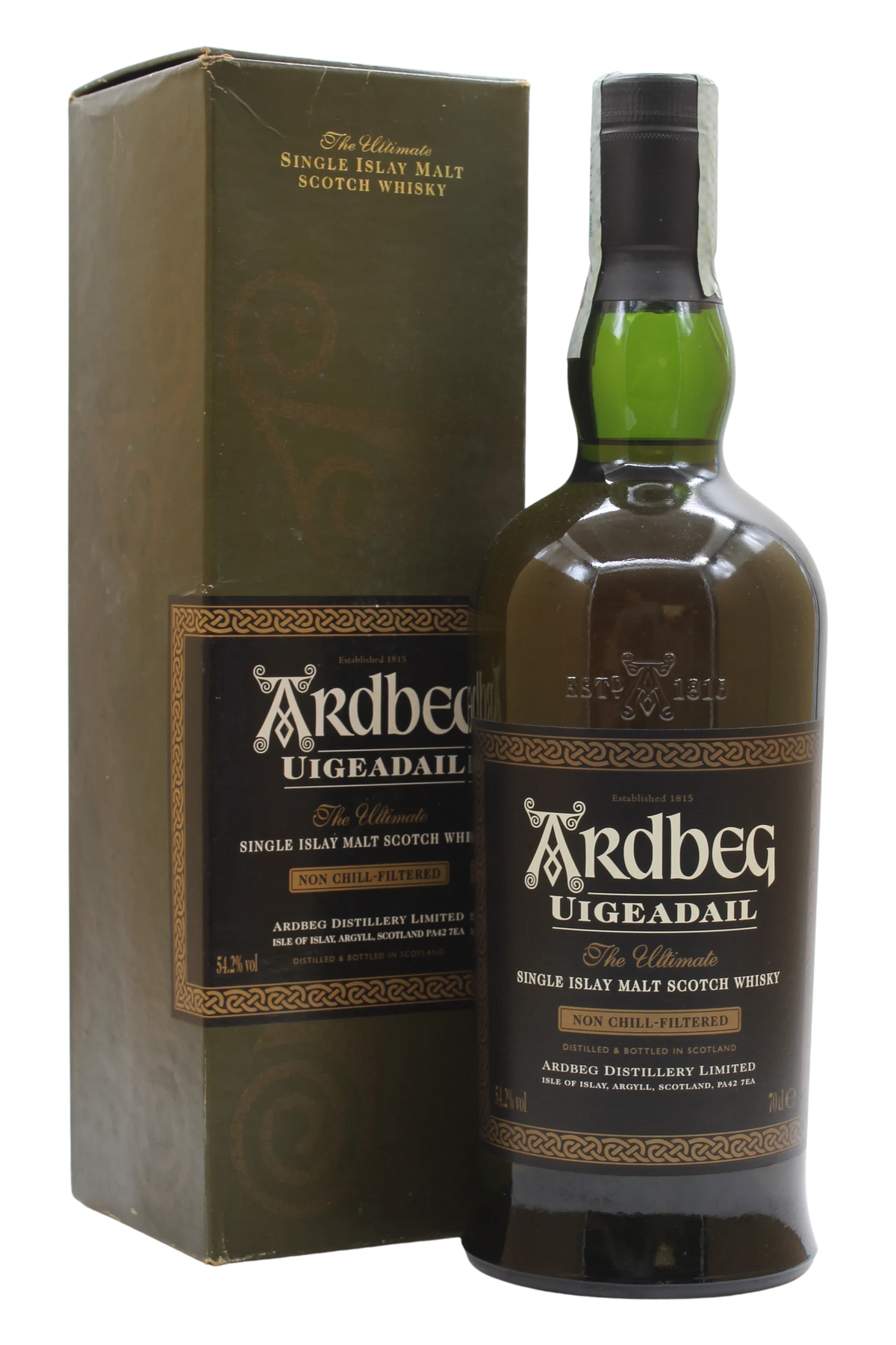 Bottiglia di Ardbeg Uigeadail con astuccio verde oliva della presentazione precedente