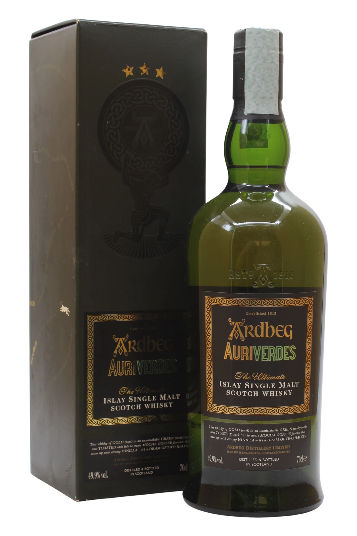 Bottiglia di Ardbeg Auriverdes con astuccio verde scuro