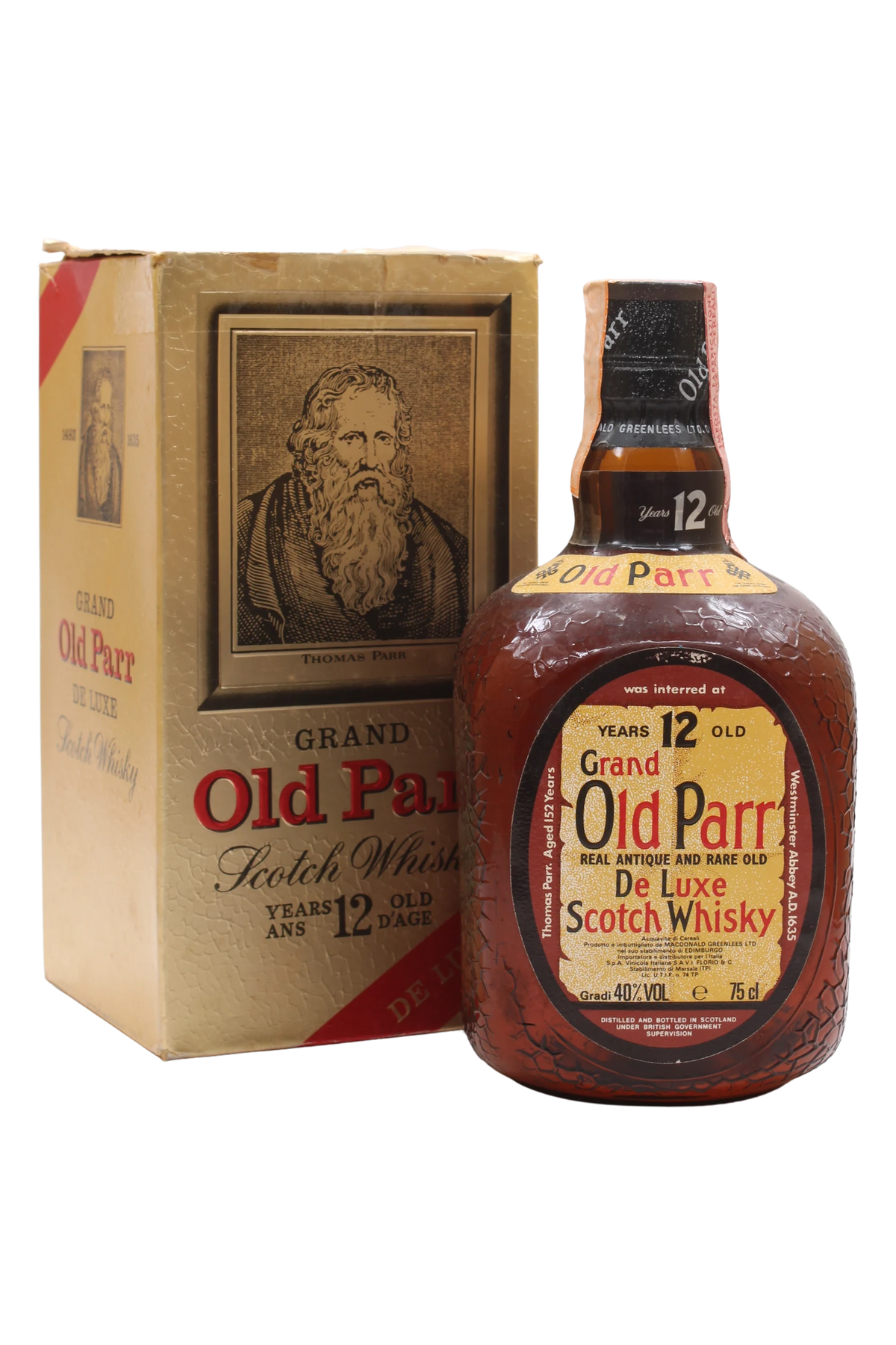 Bottiglia di Grand Old Parr 12 anni De Luxe con astuccio raffigurante Thomas Parr