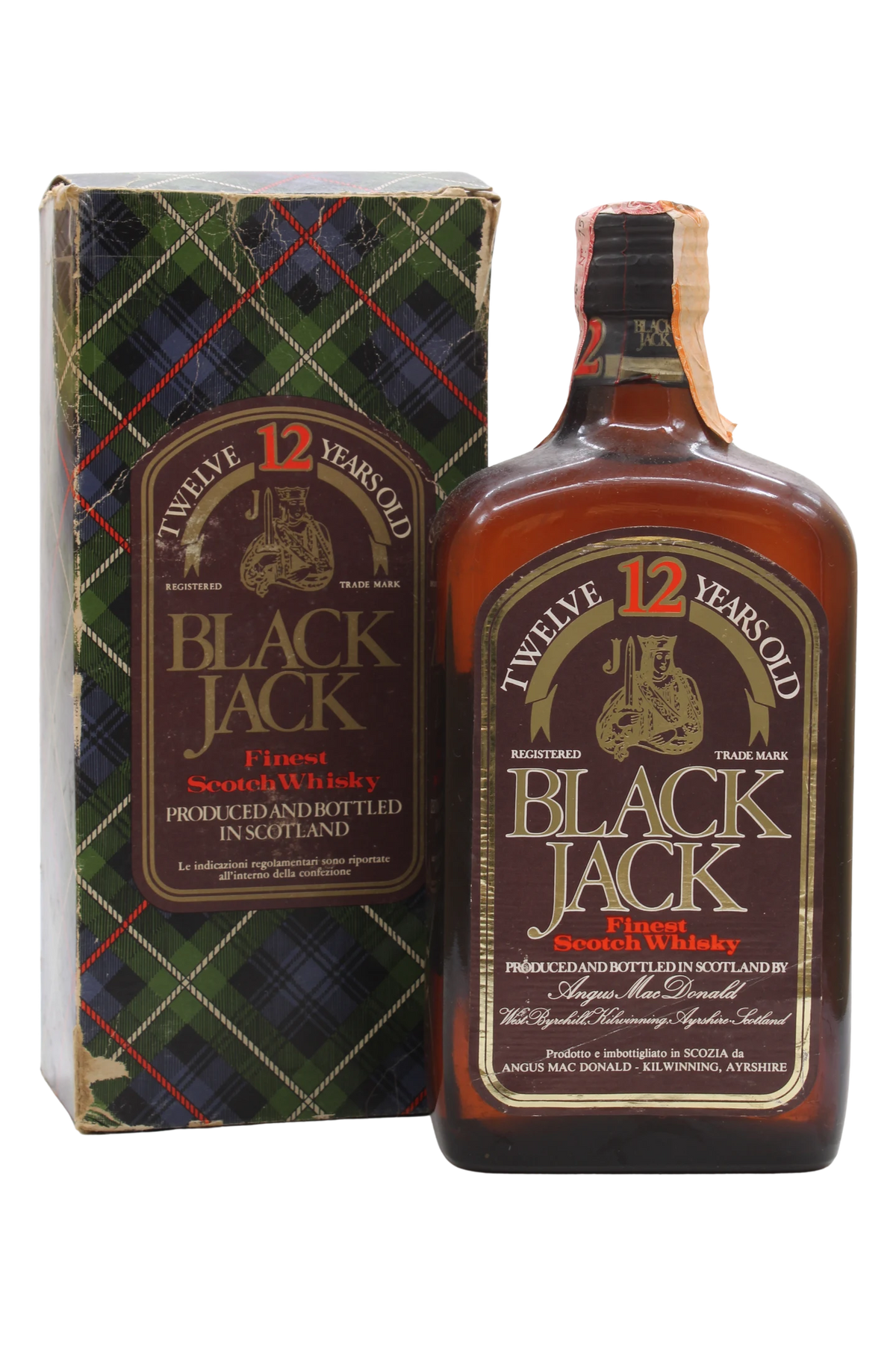 Bottiglia di Black Jack 12 anni Finest Scotch Whisky con astuccio in tartan