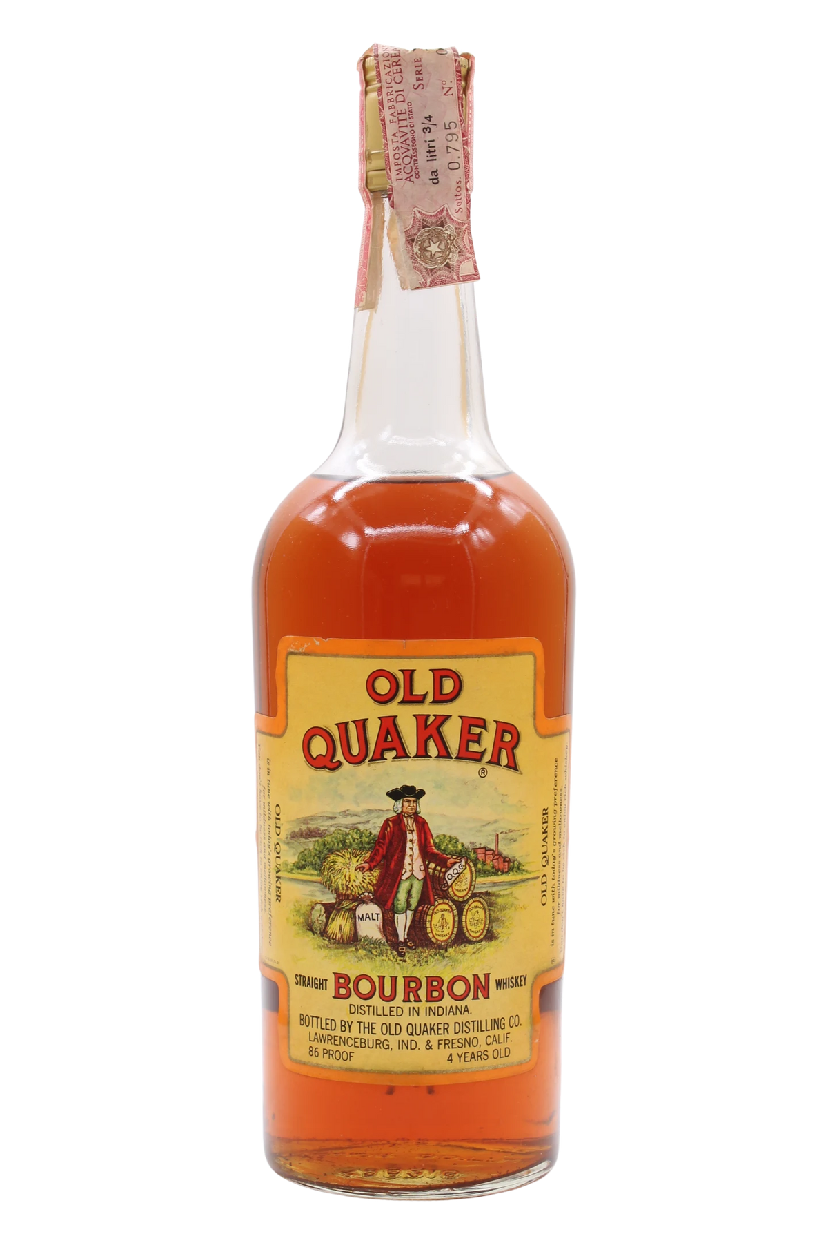 Bottiglia di Old Quaker 4 anni Straight Bourbon con l'illustrazione del quacchero tra i barili