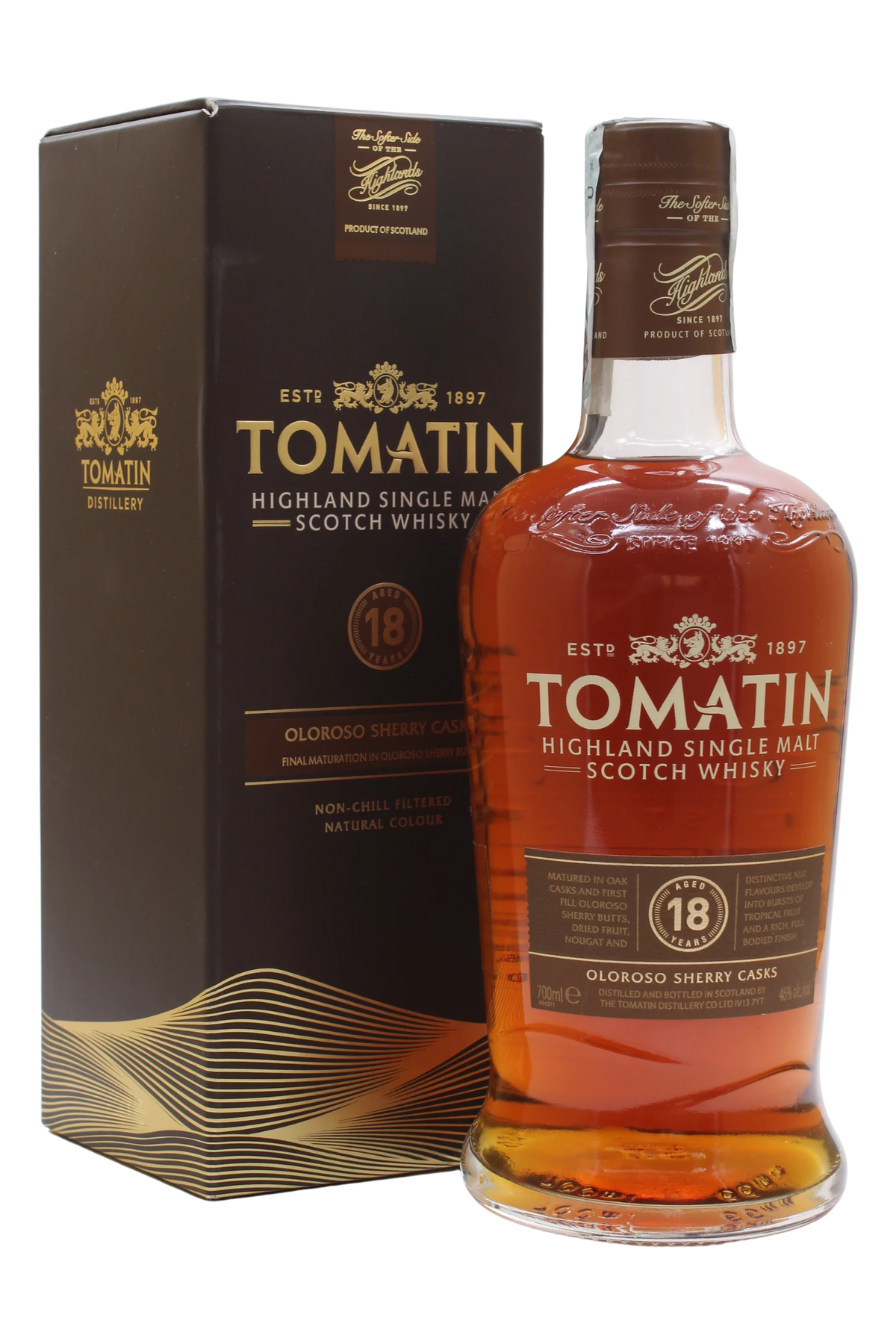 Bottiglia di Tomatin 18 anni Oloroso Sherry Casks con astuccio