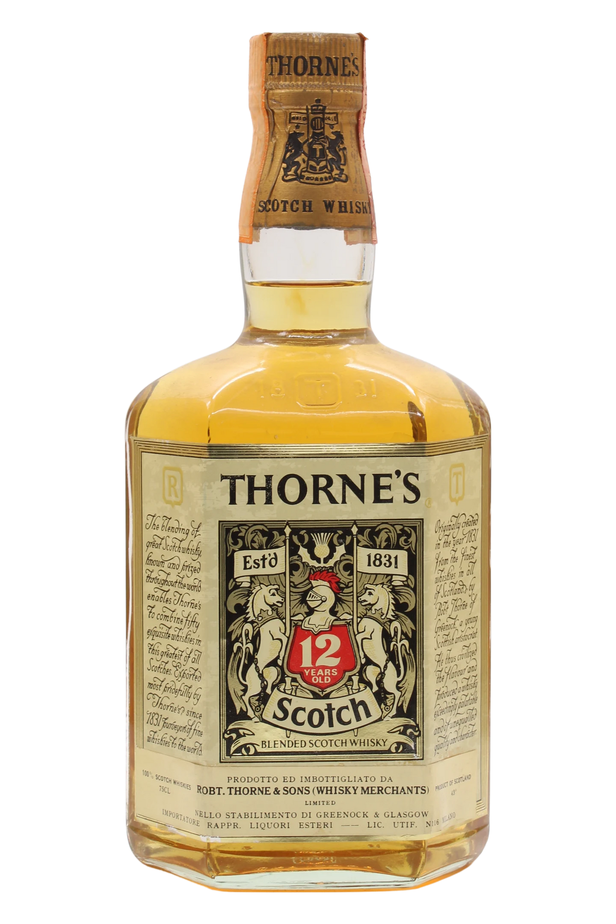Bottiglia di Thorne's 12 anni Blended Scotch Whisky con lo stemma del cavaliere