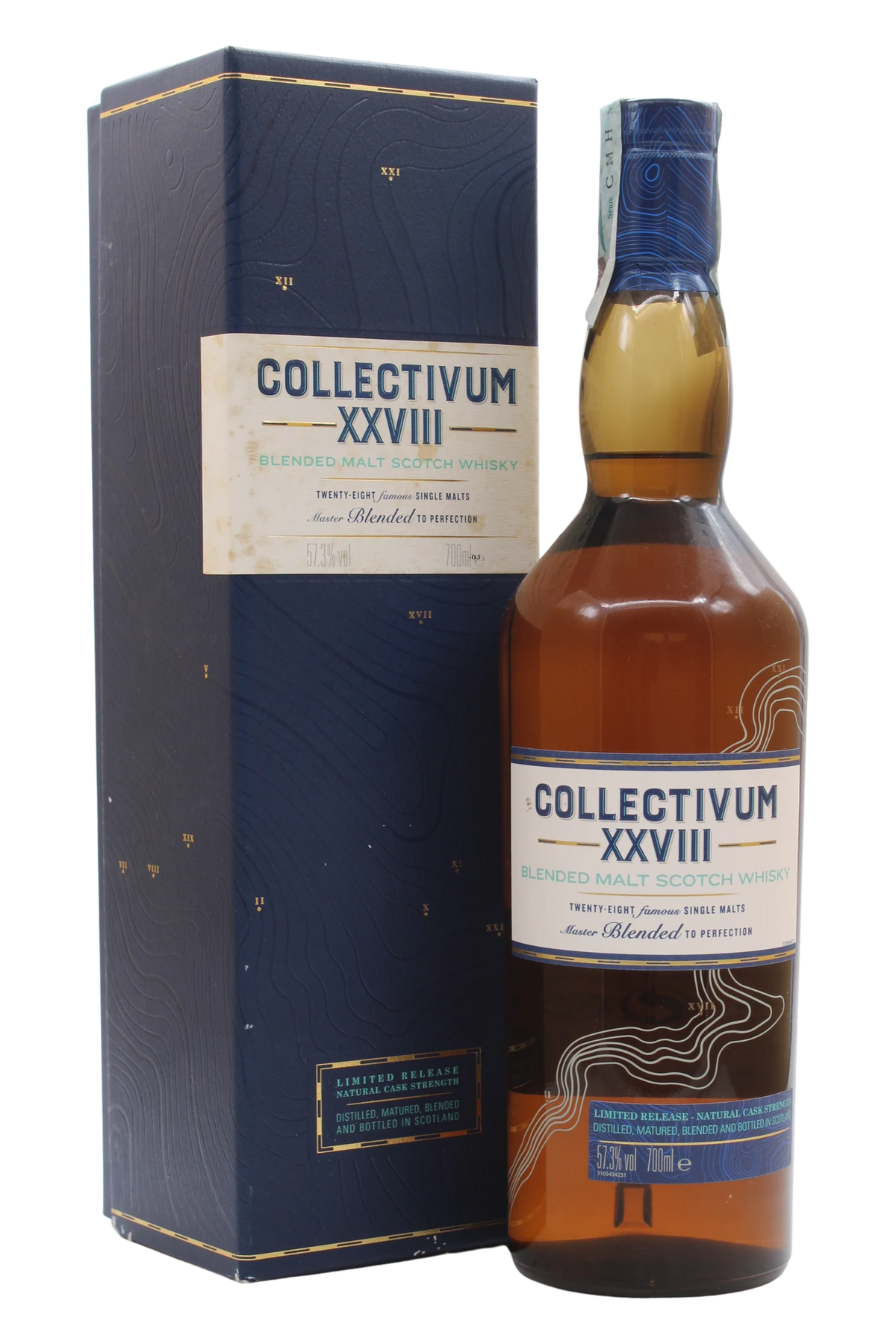 Bottiglia di Collectivum XXVIII Blended Malt Scotch Whisky con astuccio blu