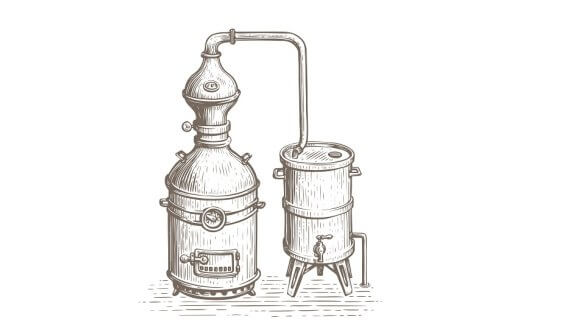 Alcohol ethanol production, distillery. Vintage distillation apparatus sketch. Retro alcohol machine vector illustration